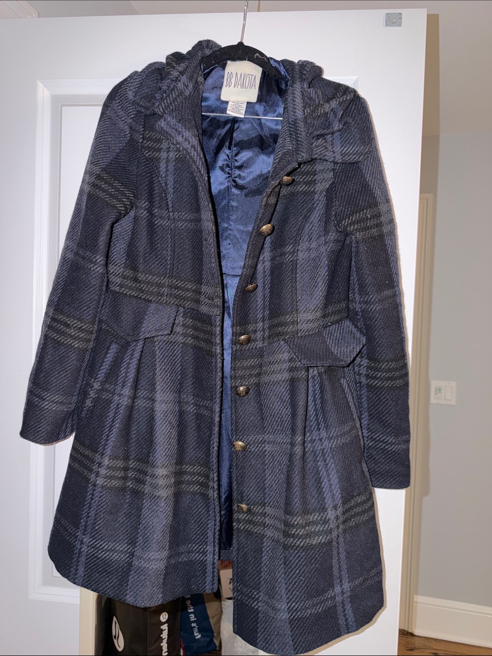 BB Dakota Navy & Charcoal Plaid Pea Coat
